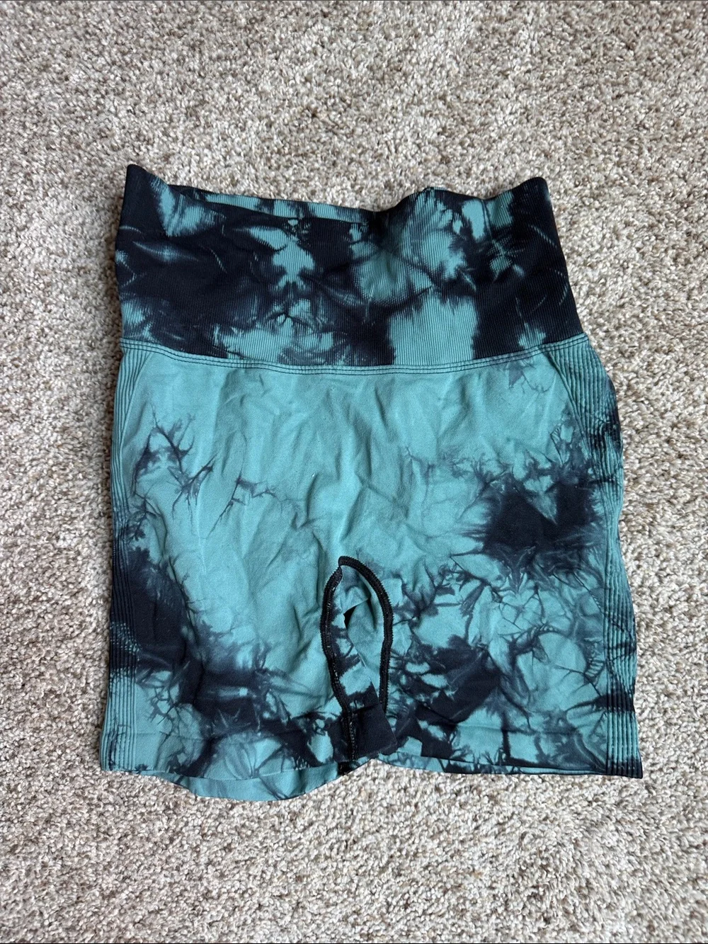 High-Waist Tie-Dye Women’s Workout Shorts - Teal & Black